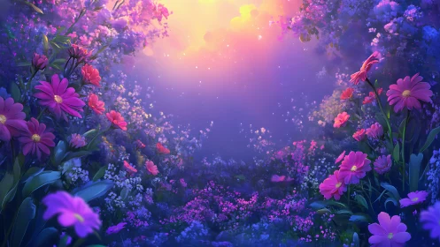 Digital Garden Floral Symphony: Luminous Flowers Against Ethereal Gradient
