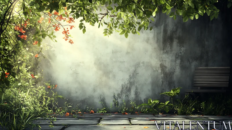 Garden bench stands beside weathered wall under foliage