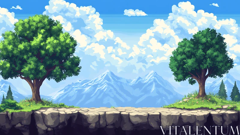 Pixel forest plateau with twin trees and distant peaks.