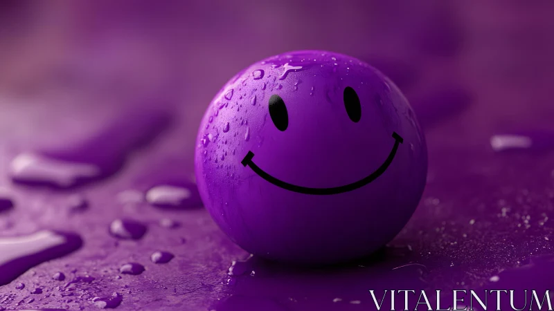 Wet purple smiley sphere under shallow depth-of-field lighting.