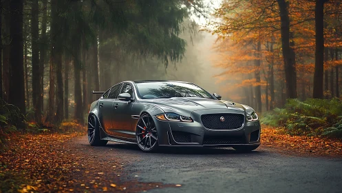 Sport sedan on misty forest road in rich autumn light.