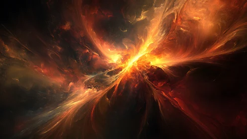 Fiery abstract cosmic burst with swirling nebula forms.