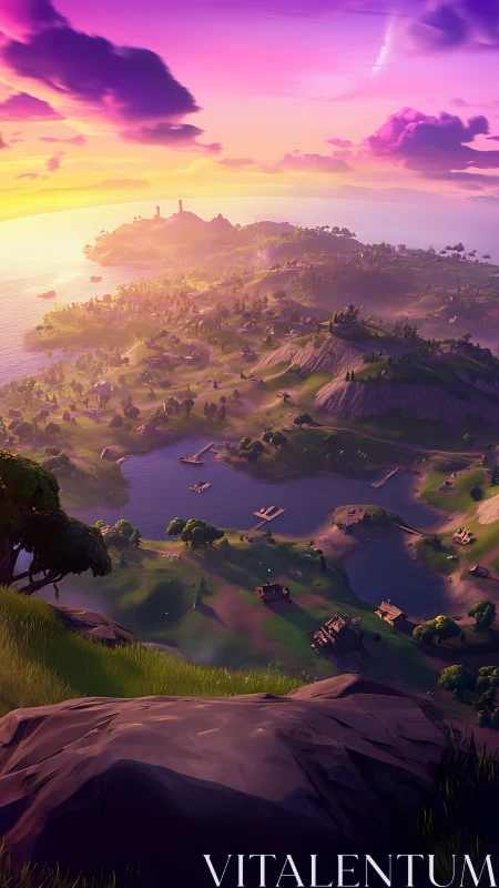 Epic Fantasy Landscape: Magenta Sunset Over Archipelago Village Valley