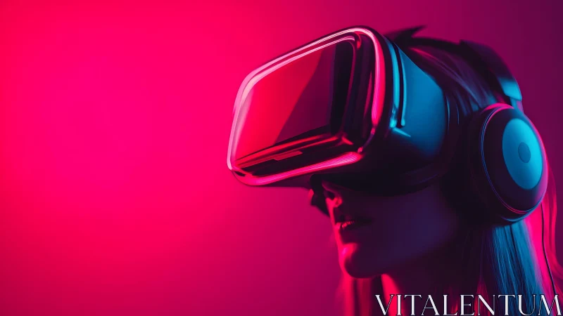 Woman wearing VR headset in neon lighting, futuristic portrait. Woman wearing VR headset in neon lighting, futuristic portrait.