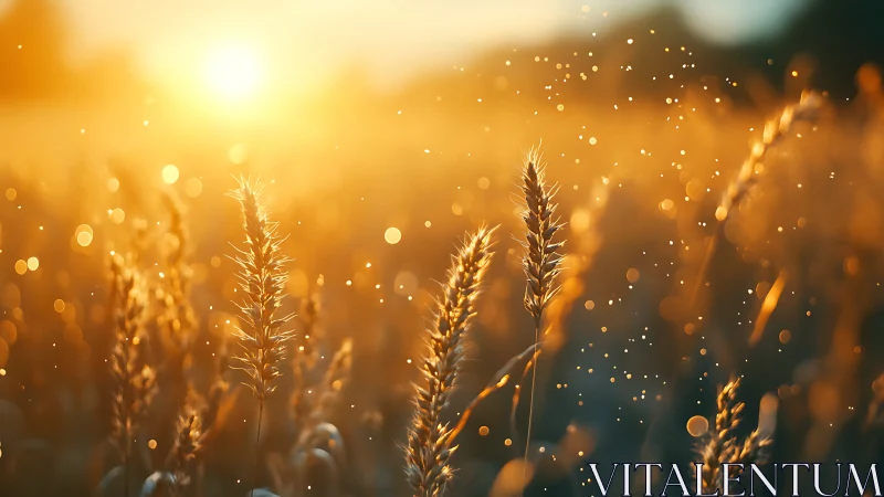 Sunlit wheat spikes with warm bokeh and dust motes in air.