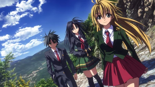 High school trio walks mountain path under vivid blue sky