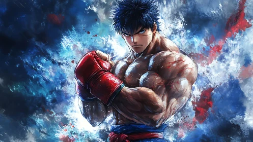 Muscular anime boxer in red gloves against energy burst