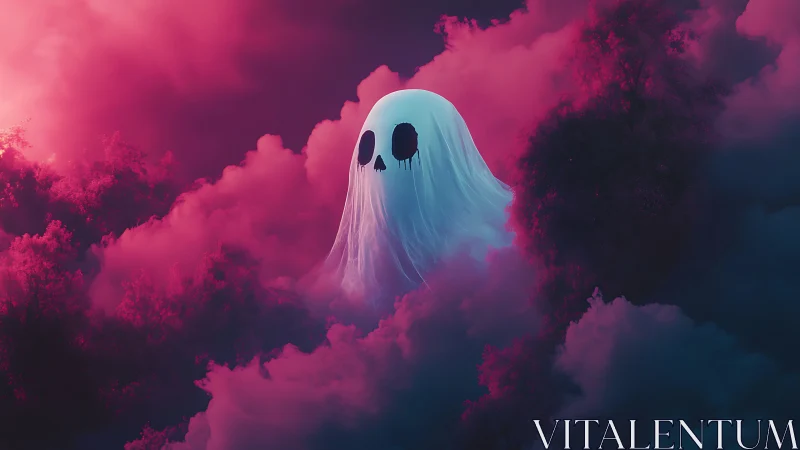 Ghostly spirit drifts through neon pink and violet storm clouds