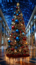 Midnight atrium Christmas tree glows like a festive galaxy