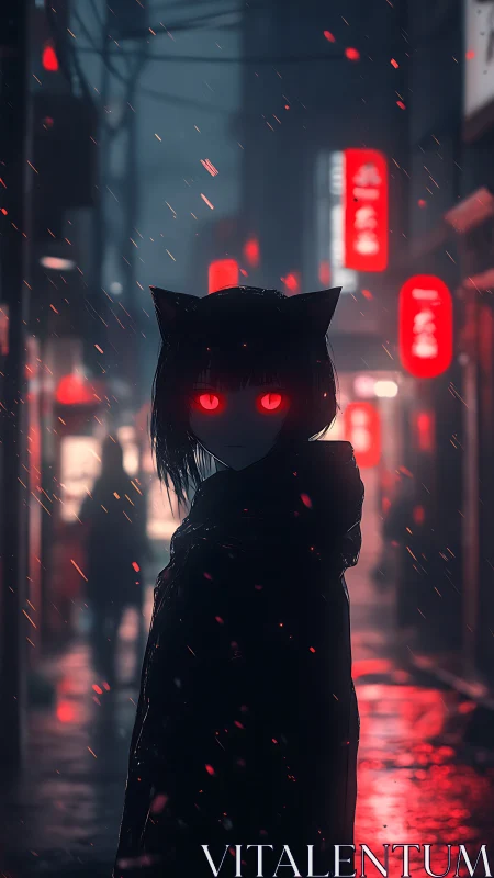 Cat-eared figure with glowing red eyes stands in rainy alley