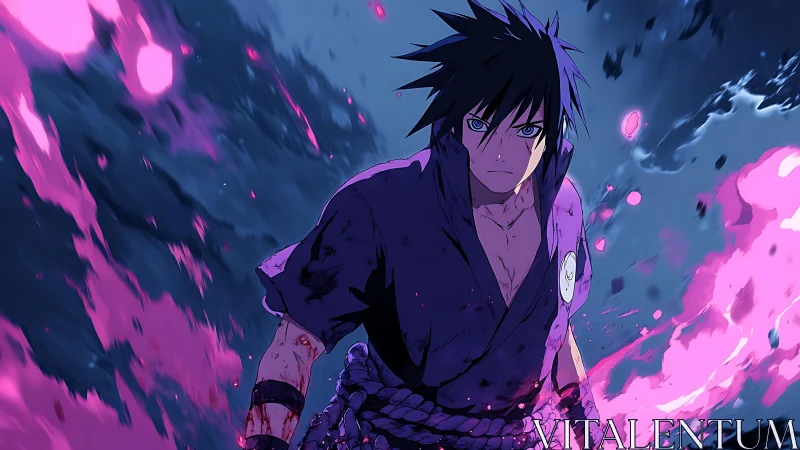 Determined anime warrior harnesses dynamic violet energy stream