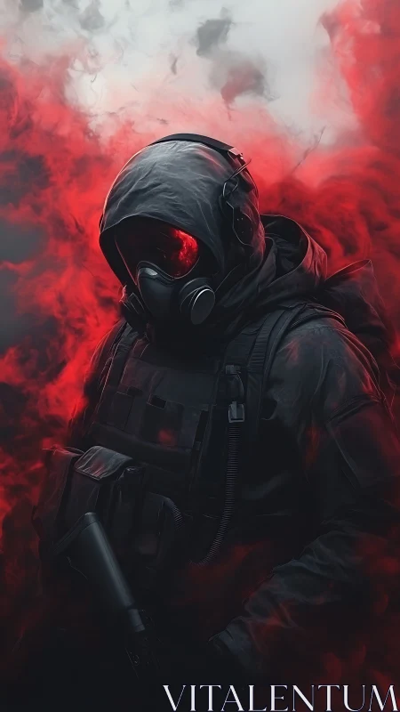 Masked soldier stands in toxic red smoke, exuding menace