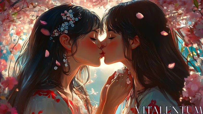Lovers share spring kiss amid glowing cherry blossoms