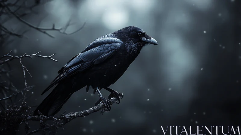 Black crow perched on frost-covered branch in falling snow