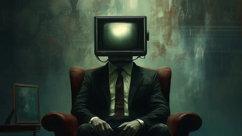 Anthropomorphic TV-headed figure in chiaroscuro armchair composition