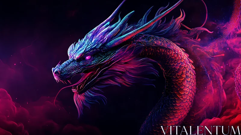 Vibrant neon dragon gliding through glowing cosmic mist.