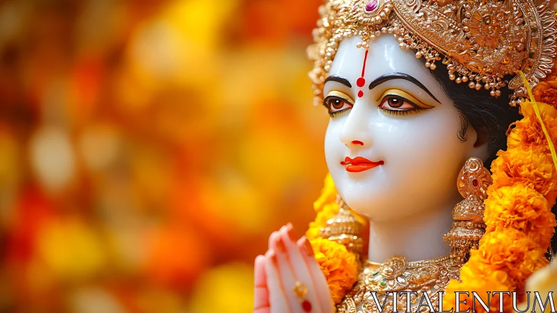 Hindu goddess statue with marigolds on golden bokeh background.