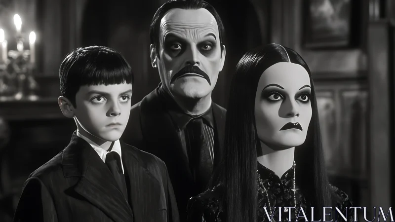 Monochrome gothic family portrait in dramatic low-key lighting.