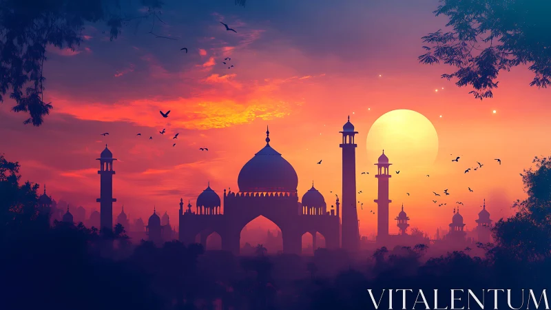 Digital painting skyline with domed palace at sunset glow.