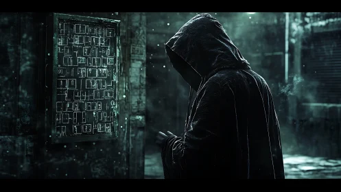 Hooded hacker studies glowing code wall in a rainy alley