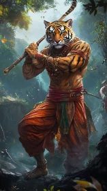 Tiger warrior monk in jungle with staff and beads.