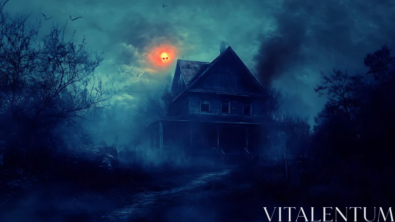 Moonlit abandoned house under spectral fog and ominous skull sun