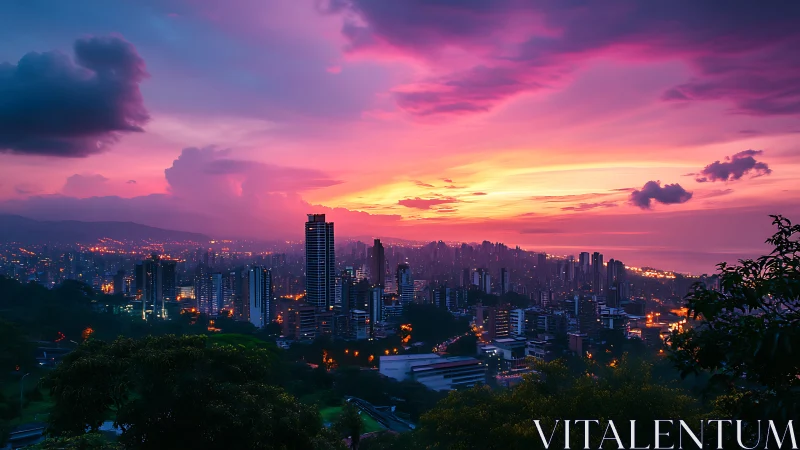 Radiant city skyline unwinds beneath a lush violet sunset glow