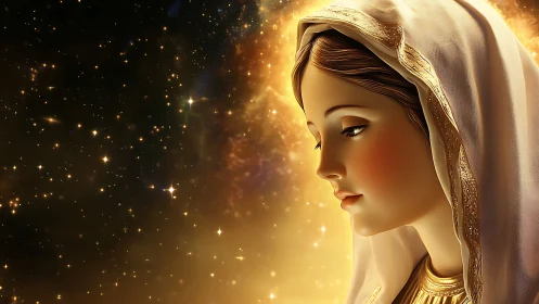 Profile portrait of veiled woman rendered against star field
