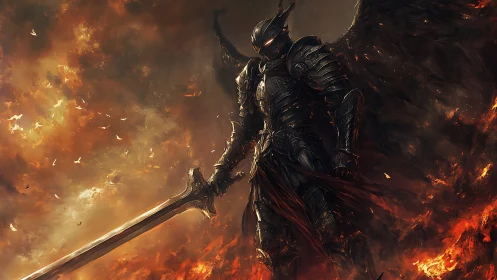 Infernal winged knight emerging from blazing battlefield.