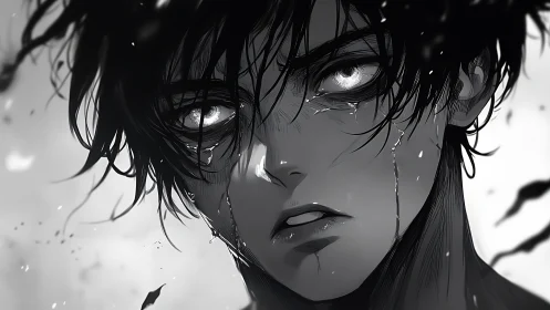 High contrast anime portrait of tearful boy with wet hair