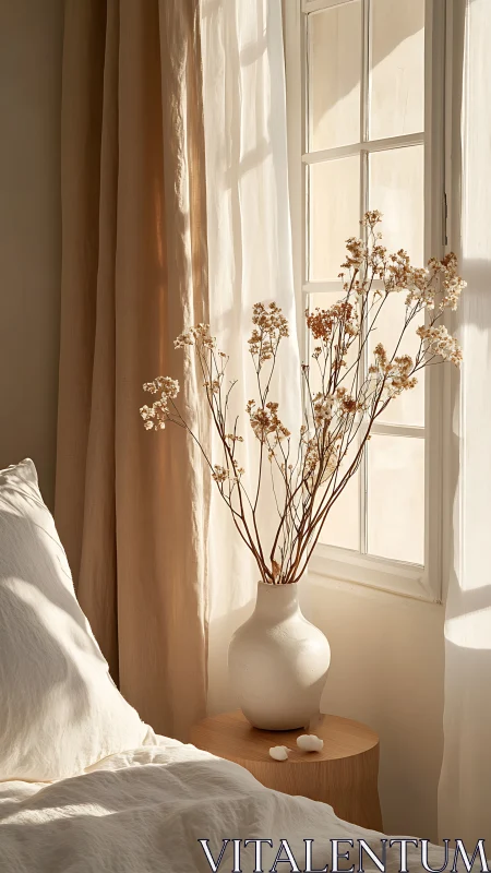 Soft morning sunlight warms a minimalist neutral bedroom corner