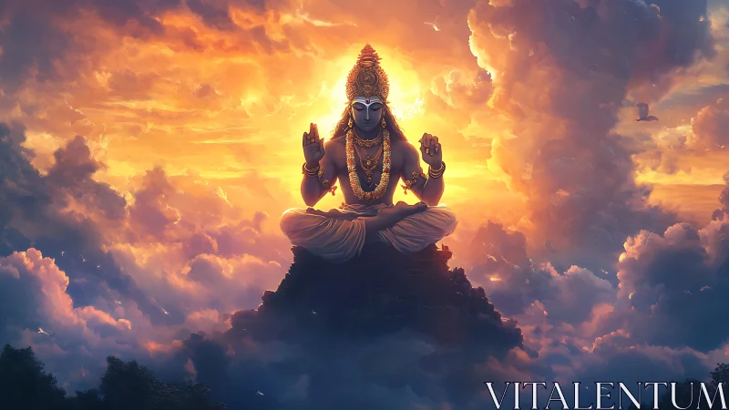 Skyborne deity meditating in molten sunset cloudscape.