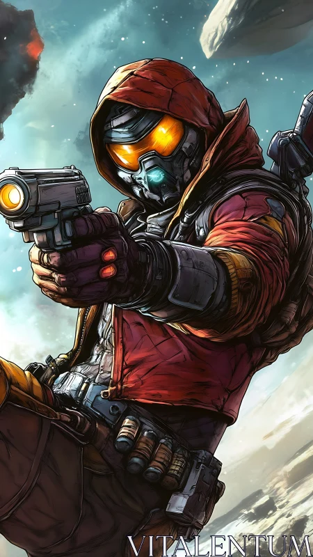 Hooded sci fi gunman in orange visor amid floating debris.