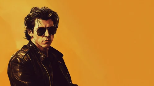 Man in sunglasses and leather jacket on flat orange field.