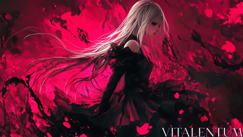 Crimson storm engulfs a lone anime girl in shadowed grace.