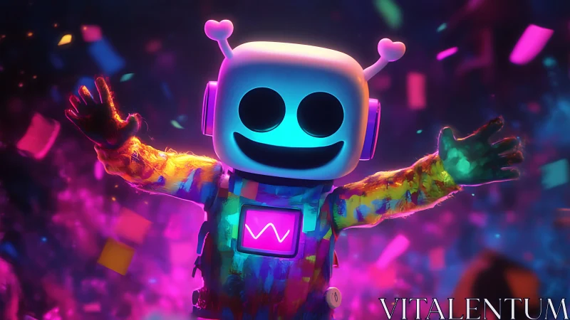 Joyful neon robot greets friends in a glowing confetti storm