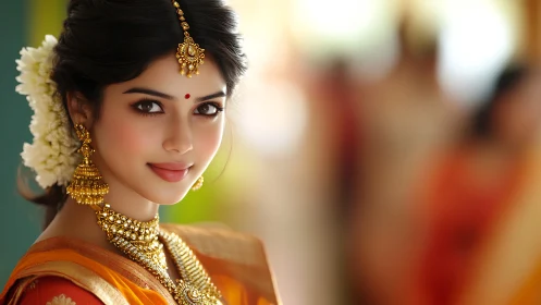 Woman in traditional attire is shown in soft frontal portrait