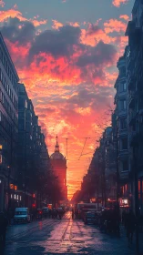 Urban street corridor aligns with central dome at sunset