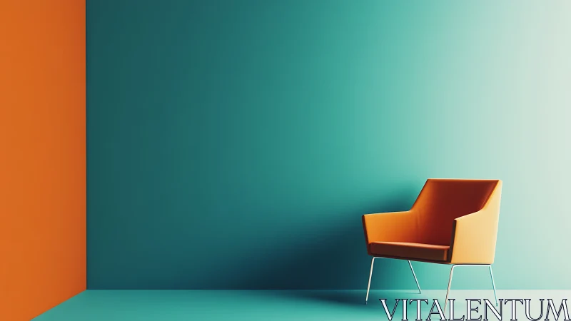 Geometric orange armchair contrasts teal gradient wall and floor
