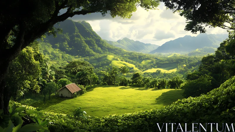 Lush tropical valley meadow with cottage under framed canopy.