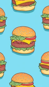 Pop art burger pattern on cyan ground with bold outlines.