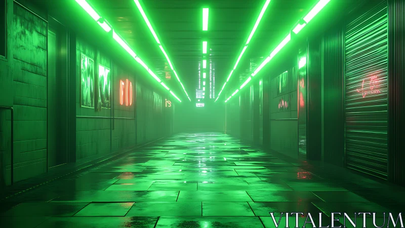 Neon‑lit cyberpunk corridor renders reflective wet pavement