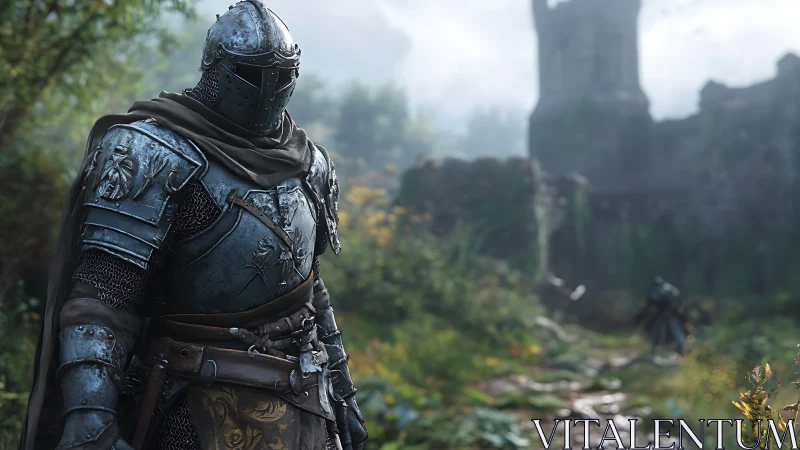 Armored knight advances through mist toward ruined stone keep