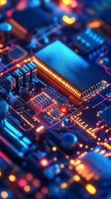 Neon circuitry close-up with glowing microchip core.