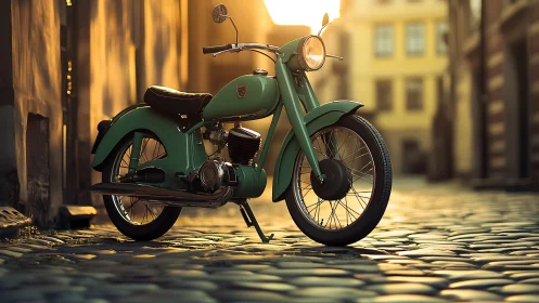 Sunlit mint-green classic motorcycle on cobbled old street.