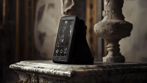 Vintage Nokia Phone on Marble Surface with Ornamental Bust
