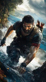 Battle-hardened survivor wading upriver in dynamic action scene