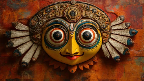 Radiant traditional mask smiles with bold circular eyes