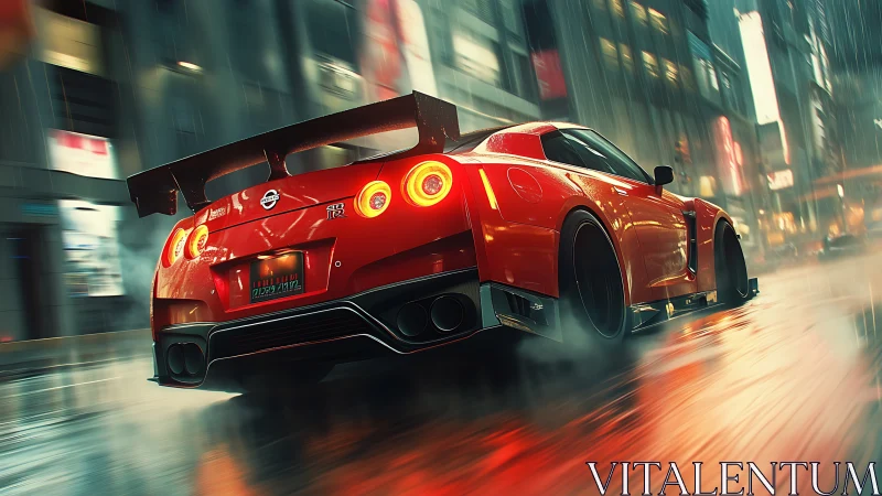 Midnight red street rocket carves neon rain into ribbons