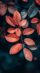Shallow-depth macro of orange-tinted compound leaves on teal bokeh